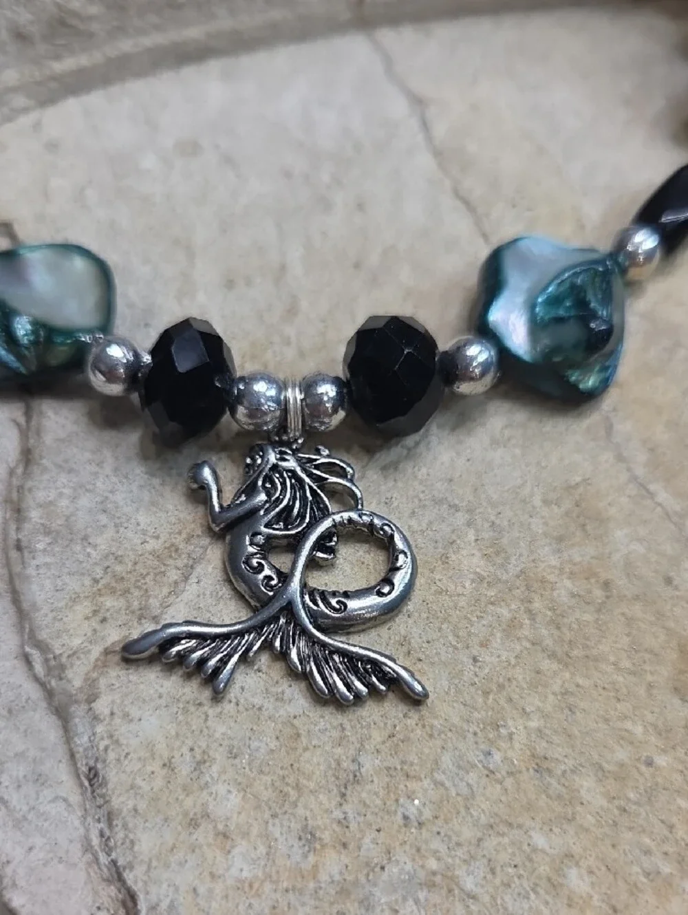 Handcrafted Teal Shell Bead Necklace & Earring Set with Silver Mermaid Charm